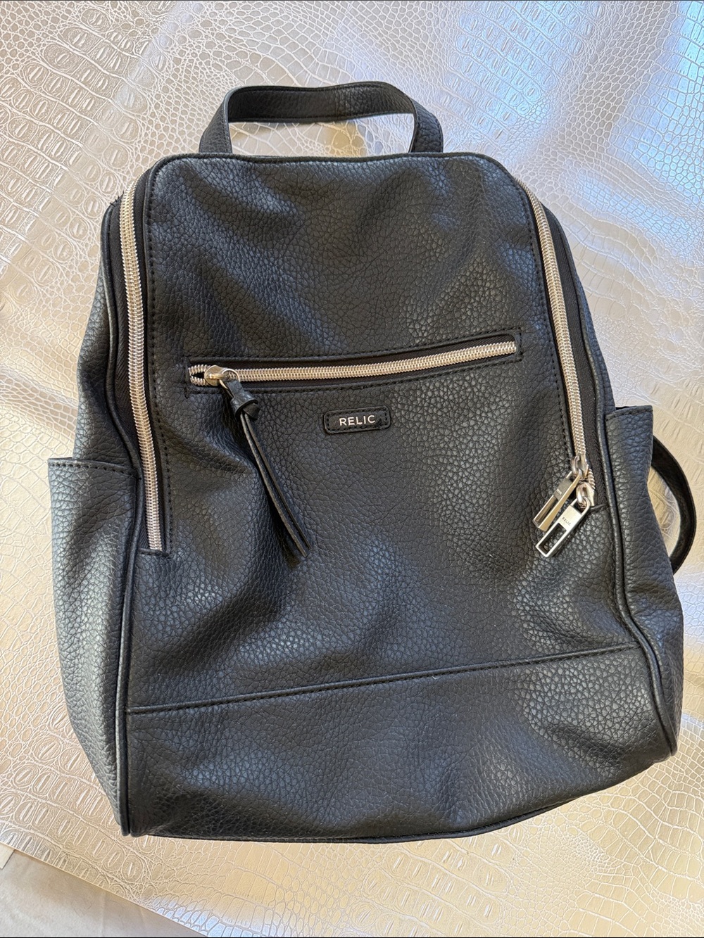 Relic Black Pebbled Faux Leather Backpack with Silver Zippers